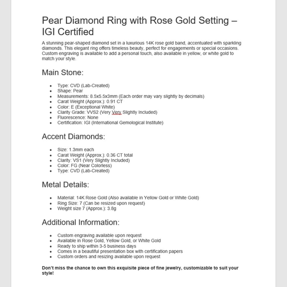 Hand-made Pear Diamond Ring with Rose Gold Setting IGI Certified Size 7 - Picture 7 of 7